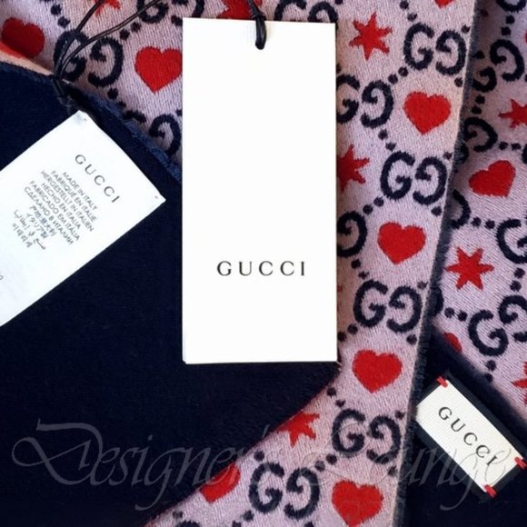 NEW GUCCI GG HEARTS & STARS Violet Navy Red Wool Long Scarf $490 Authentic - Picture 7 of 7